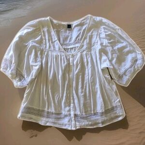 Old Navy White Vintage Cottagecore Romantic Coastal Boho Blouse Size Medium